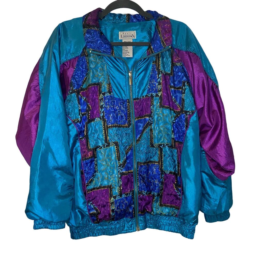 Basic Editions 80s Bomber Zip Up Jacket Bright Purple and Blue Abstract 90s